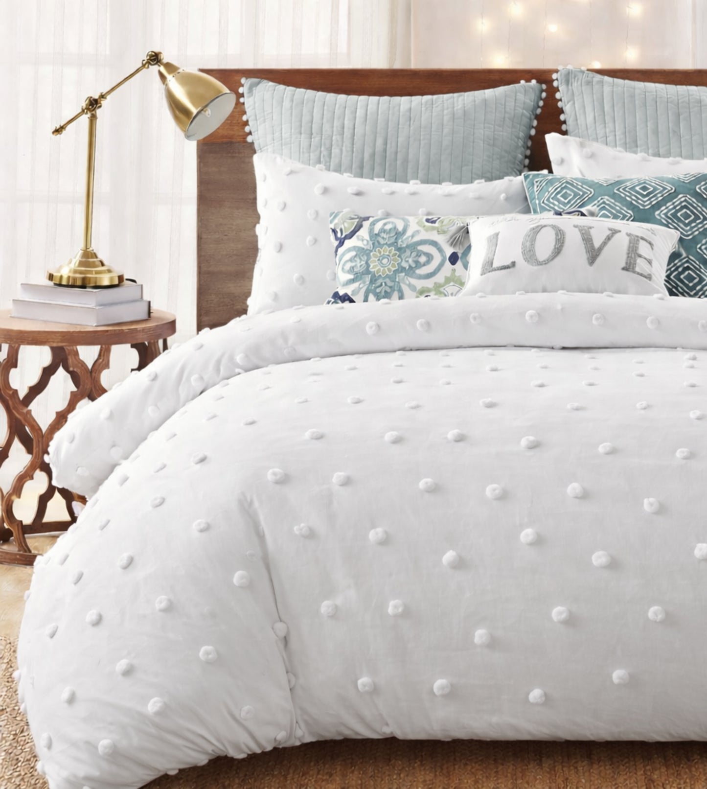 Privee Hand-Crafted Pom Pom Comforter Set (400Tc Satin) - White