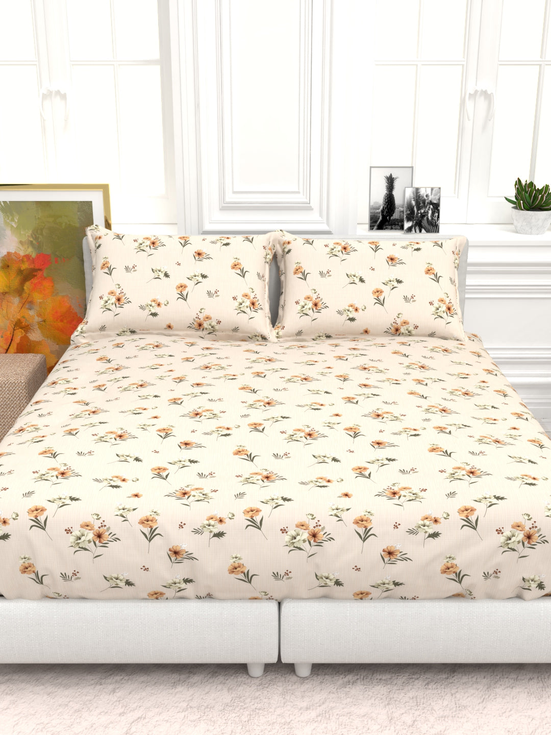 Cider Double Bed Micro-Cotton Sheet Set - Sand & Coral