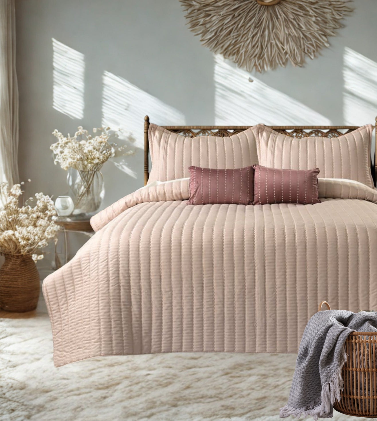 Luna 5-Piece Quilted & Embroidered Bedcover Ensemble -Peach Pink
