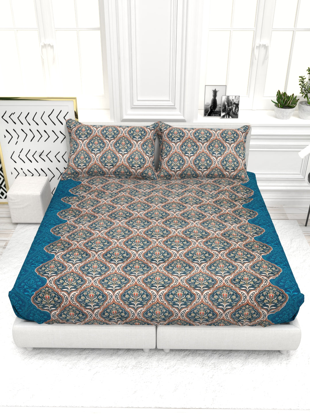 Bruno King Size Reactive Satin Bedsheet Set - Blue