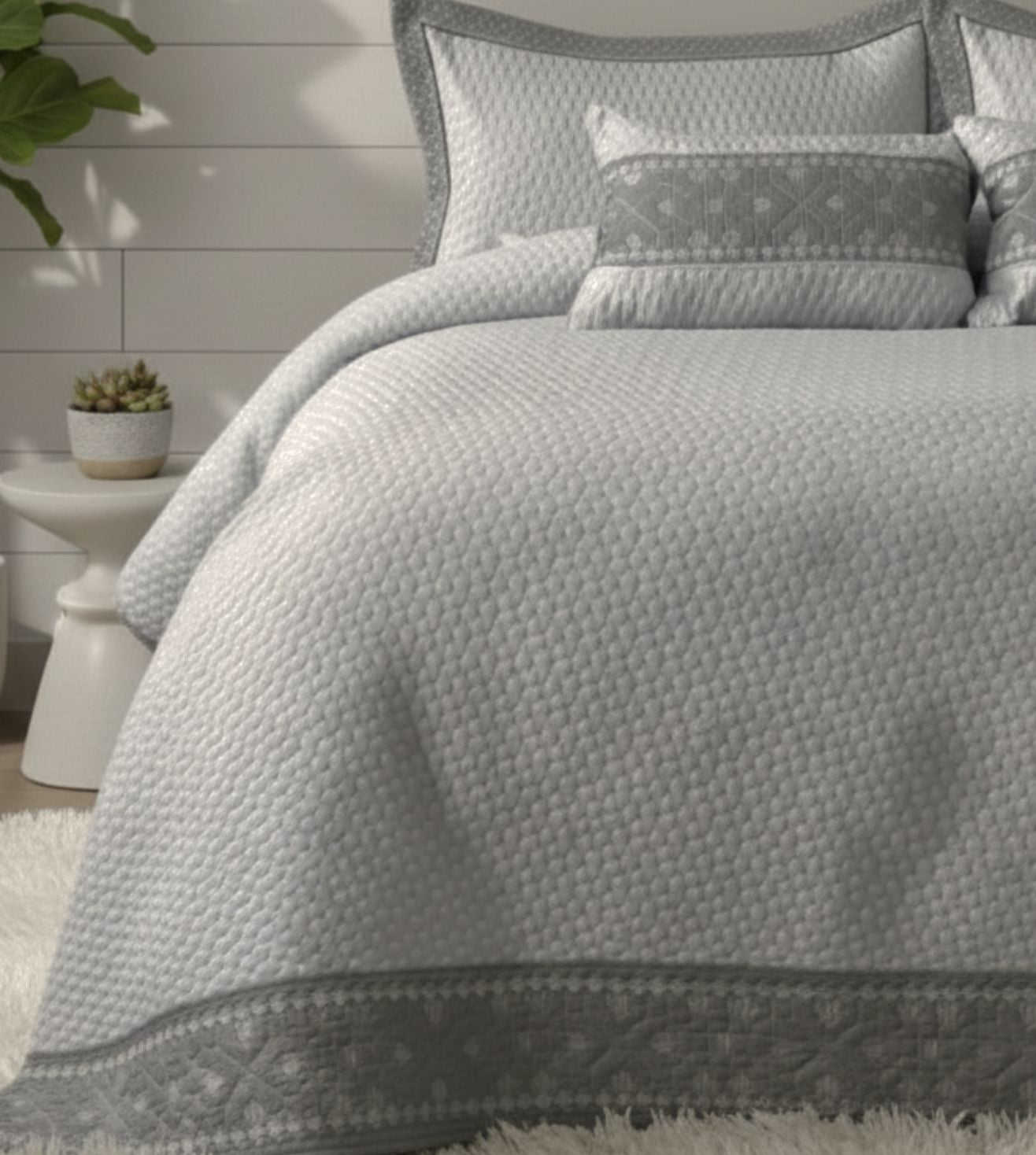 Noir 5-Piece Quilted & Embroidered Bedcover Ensemble - Gray