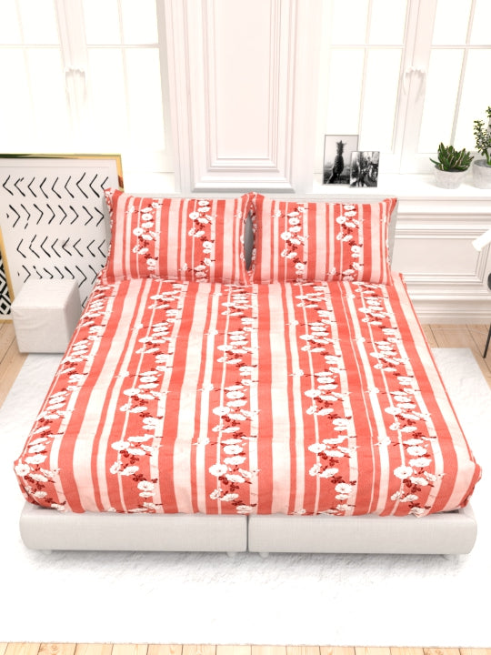 Clay Double Bed Pure Cotton Sheet Set - Tangerine & White