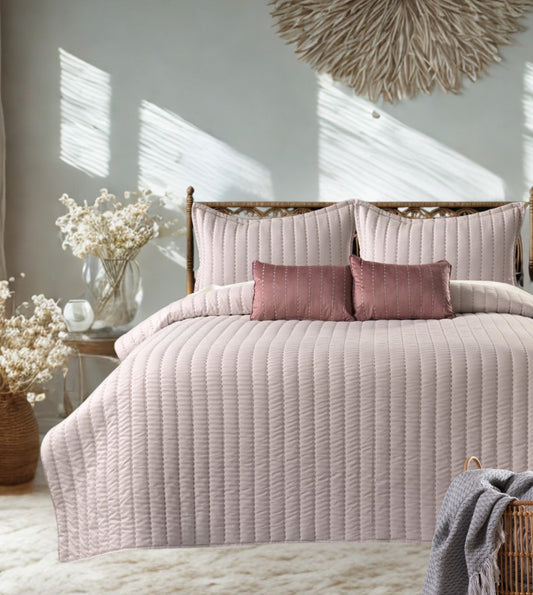 Luna 5-Piece Quilted & Embroidered Bedcover Ensemble - Dusky Pink