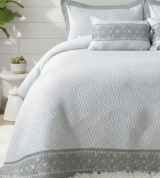 Noir 5-Piece Quilted & Embroidered Bedcover Ensemble - Powder Blue