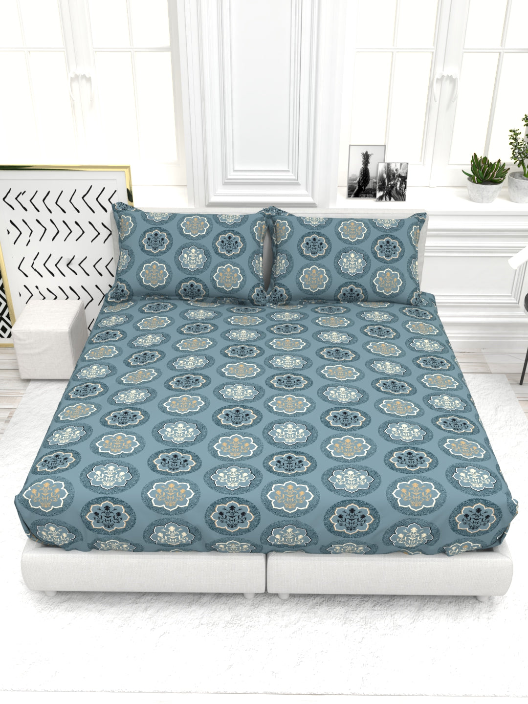 Bruno King Size Reactive Satin Bedsheet Set - Blue