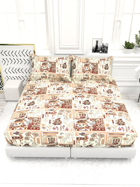 Bruno King Size Reactive Satin Bedsheet Set - Cream & rown