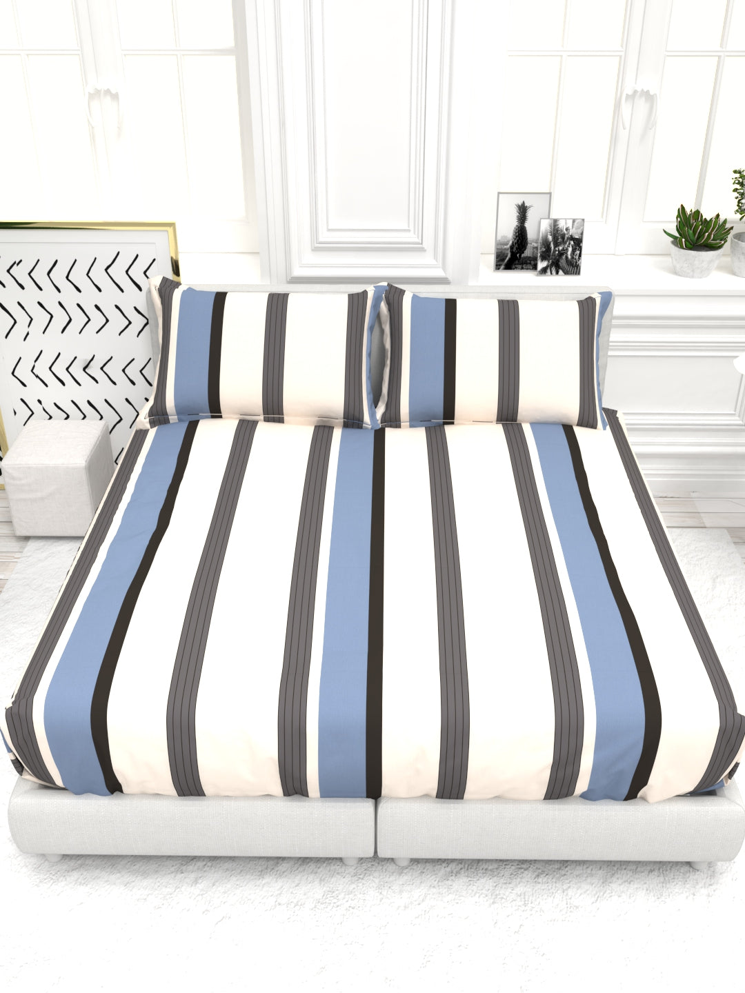 Cider Double Bed Micro-Cotton Sheet Set - Cream & Blue