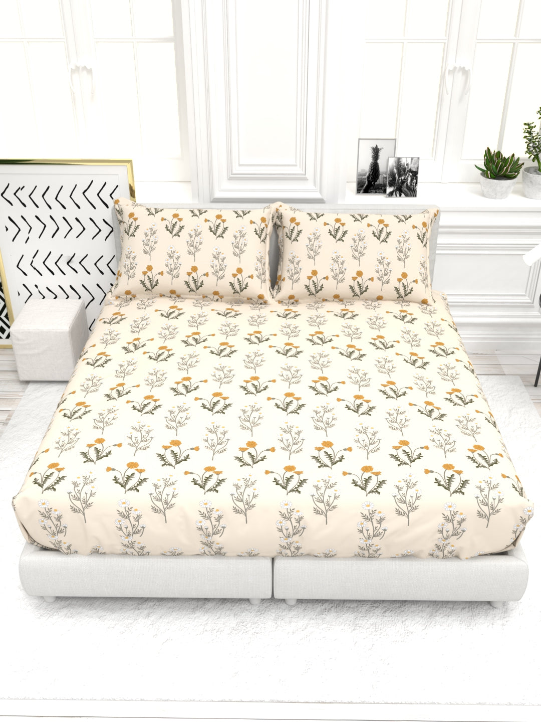 Cider Double Bed Micro-Cotton Sheet Set - Cream & Yellow