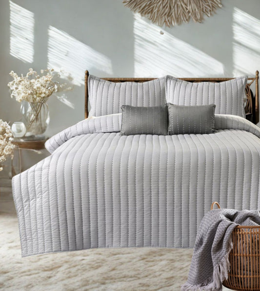 Luna 5-Piece Quilted & Embroidered Bedcover Ensemble - Silver Grey