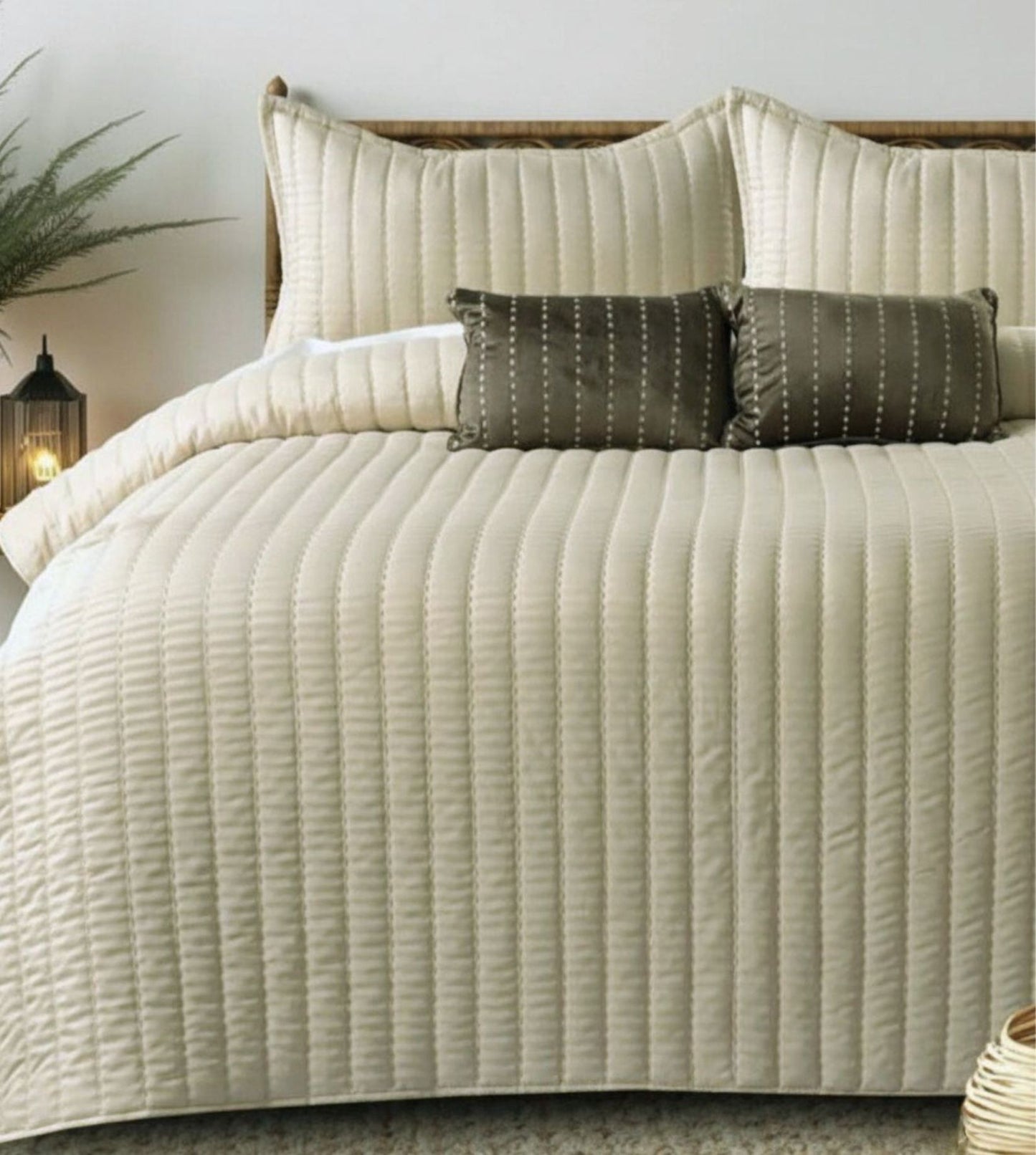 Luna 5-Piece Quilted & Embroidered Bedcover Ensemble - Ivory