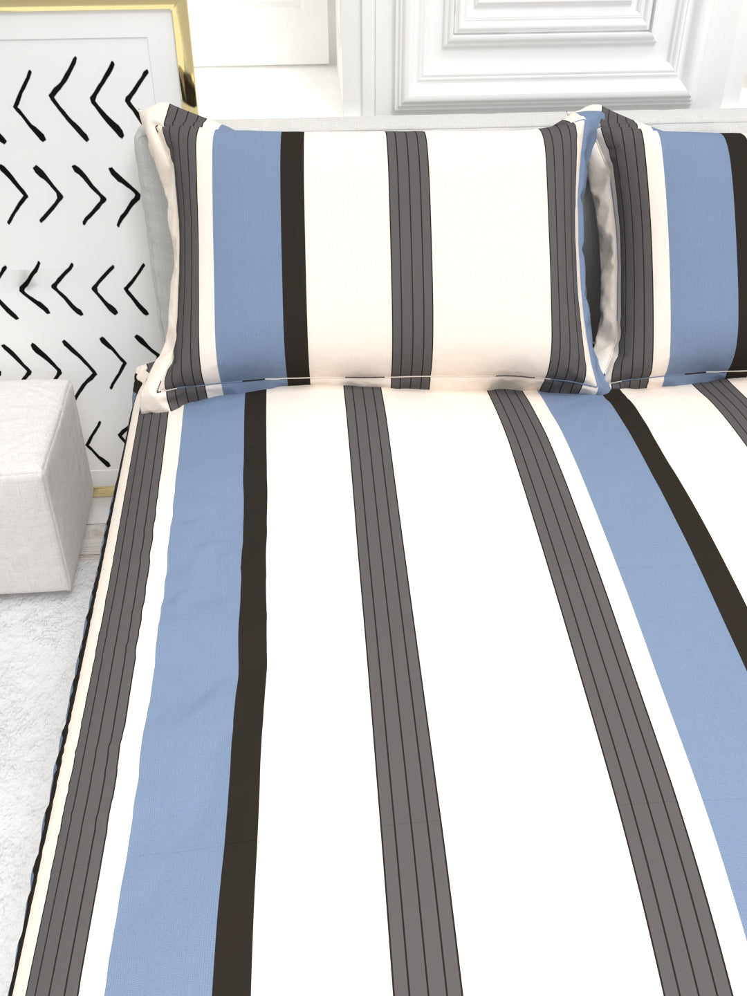 Cider Double Bed Micro-Cotton Sheet Set - Cream & Blue