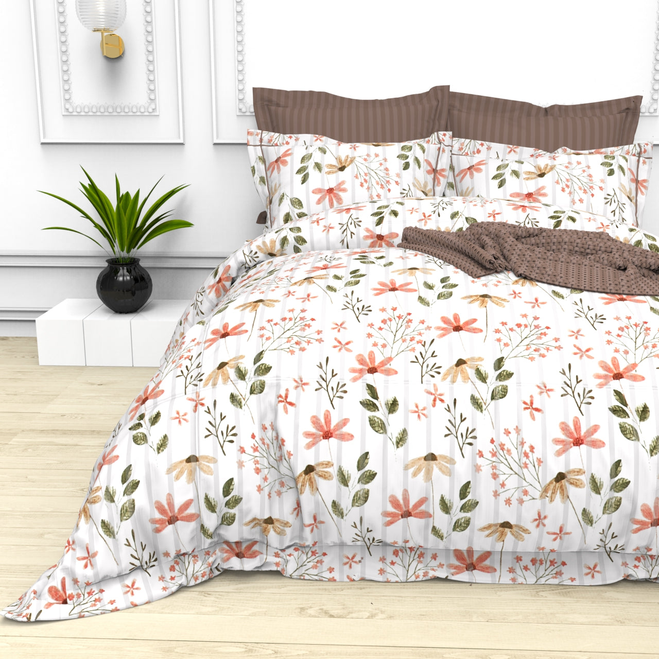 Christie King Size Self-Striped Satin Bedsheet Set (4 Pillow Covers)