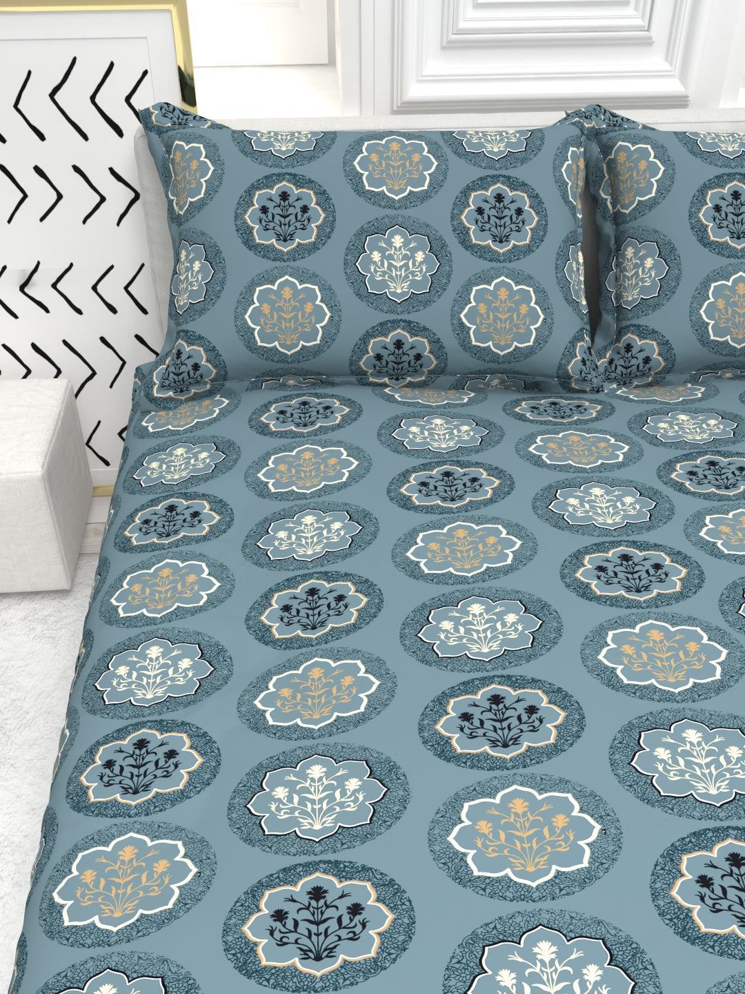 Bruno King Size Reactive Satin Bedsheet Set - Blue