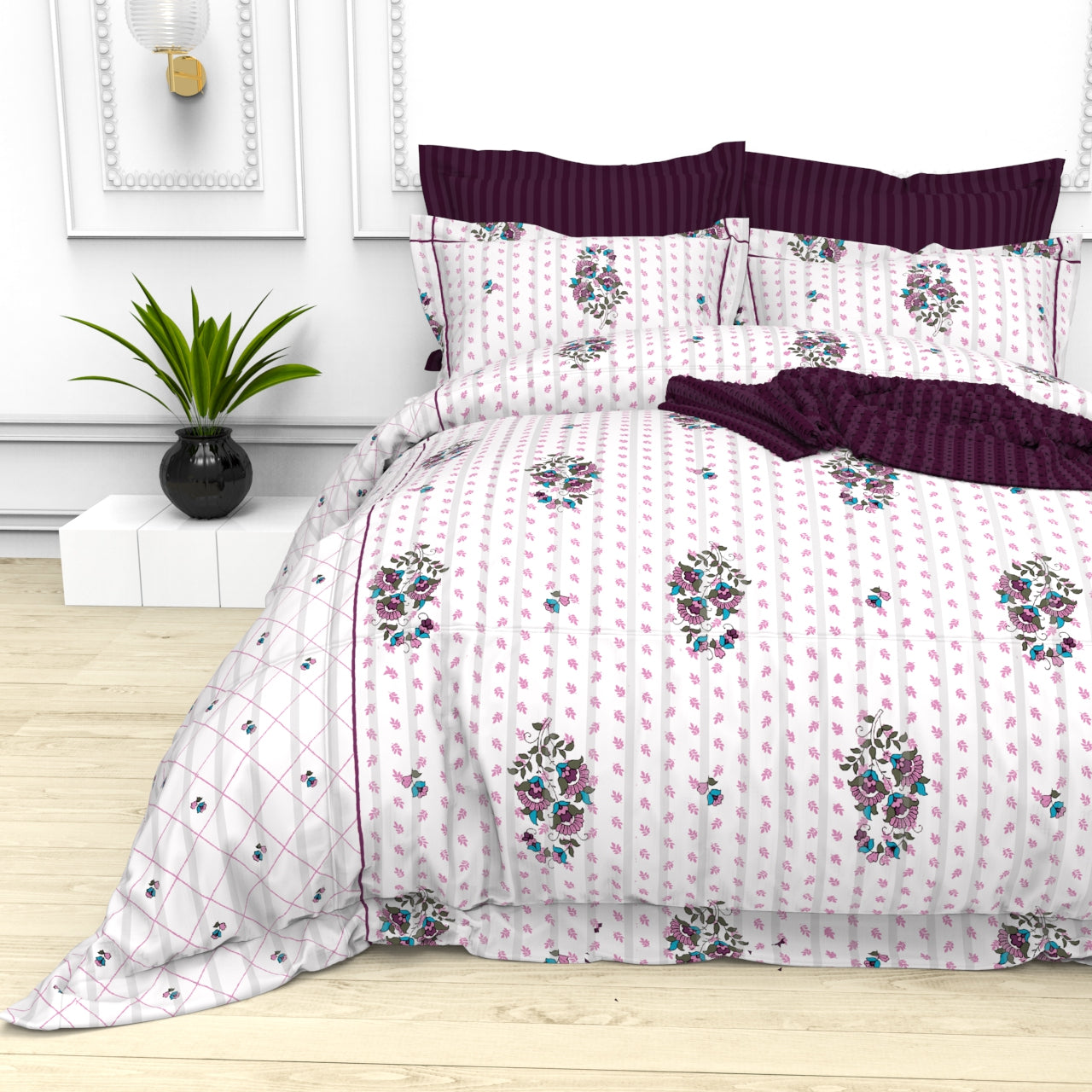 Christie King Size Self-Striped Satin Bedsheet Set (4 Pillow Covers)