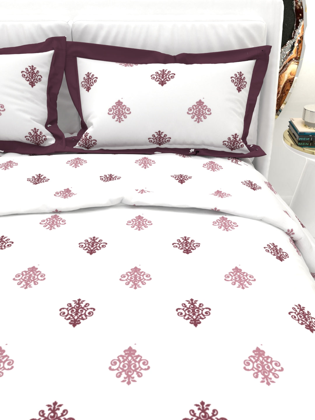 Carnation King Size Bedsheet Set with Contrast Border - White & Wine
