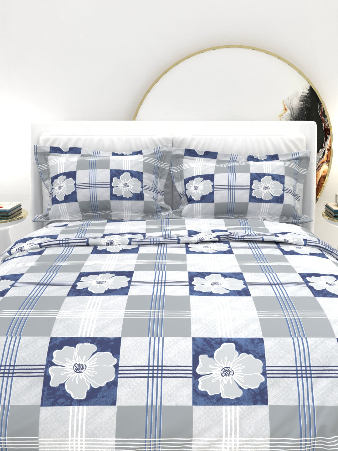 Clay Double Bed Pure Cotton Sheet Set - White & Blue