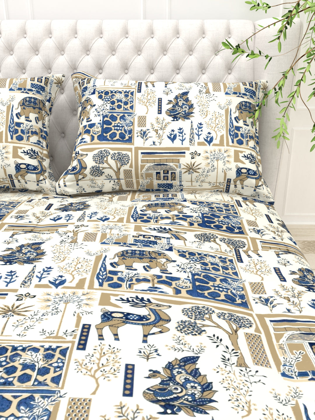 Bruno King Size Reactive Satin Bedsheet Set - Cream & Blue