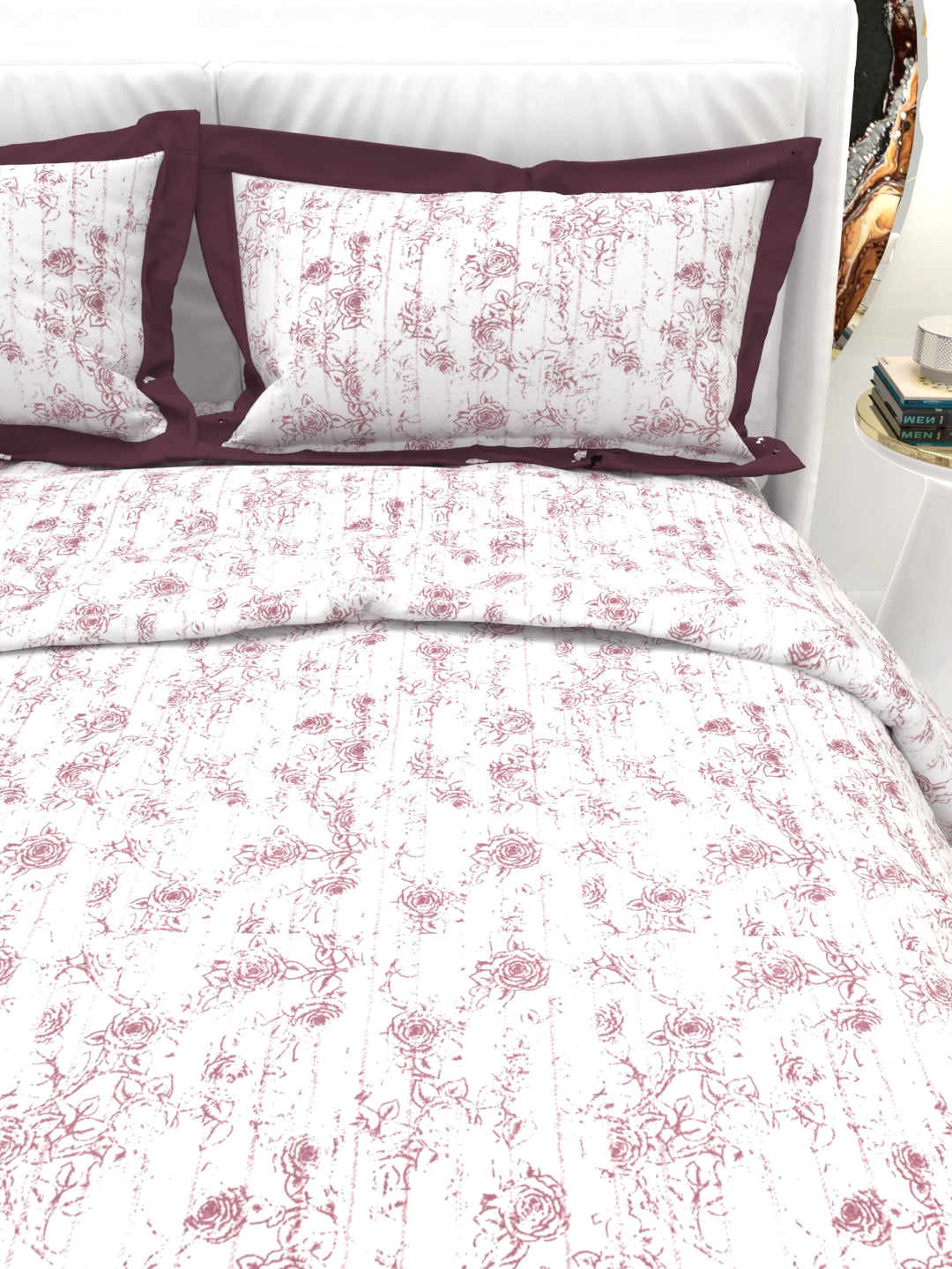 Carnation King Size Bedsheet Set with Contrast Border - White & Dark Pink