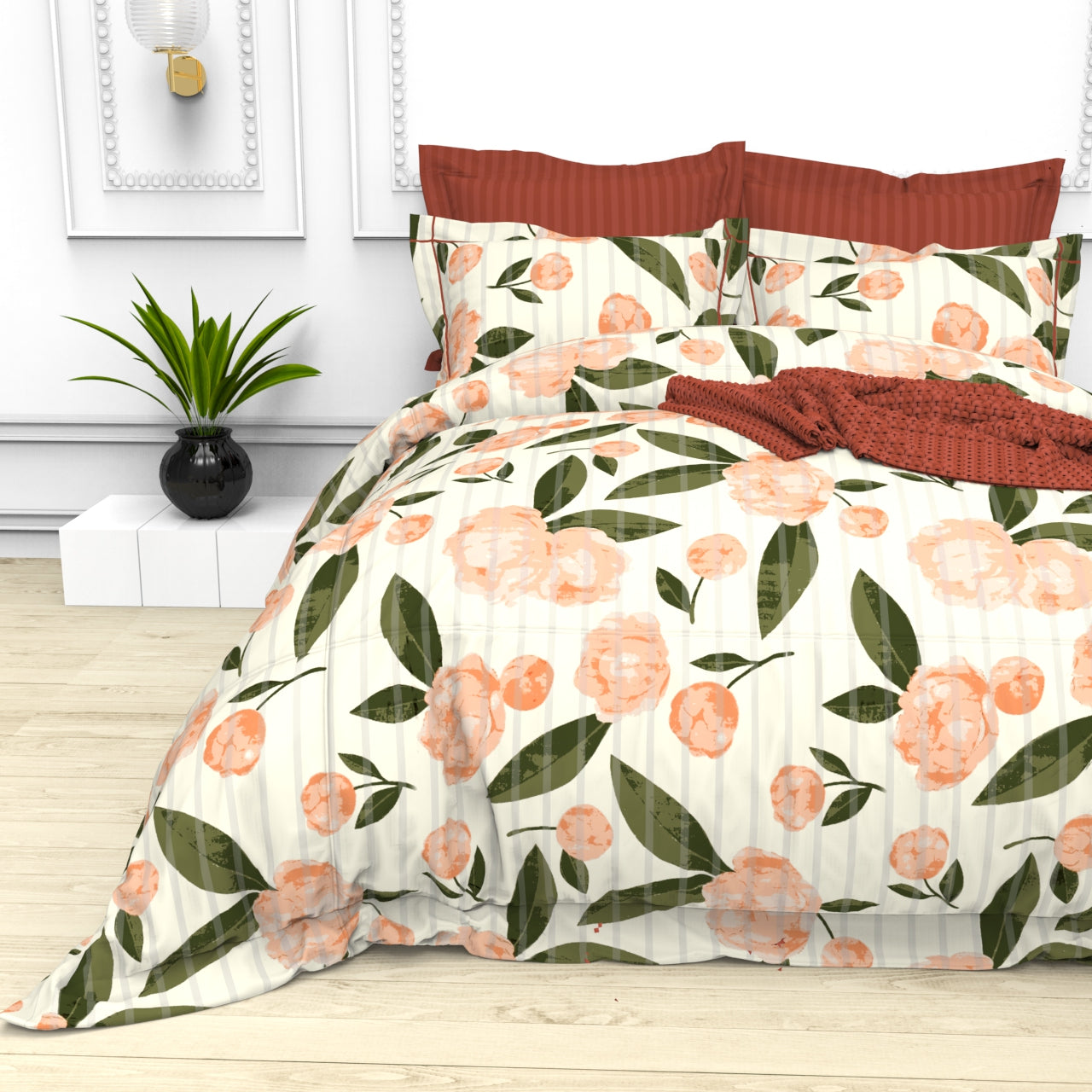 Christie King Size Self-Striped Satin Bedsheet Set (4 Pillow Covers)