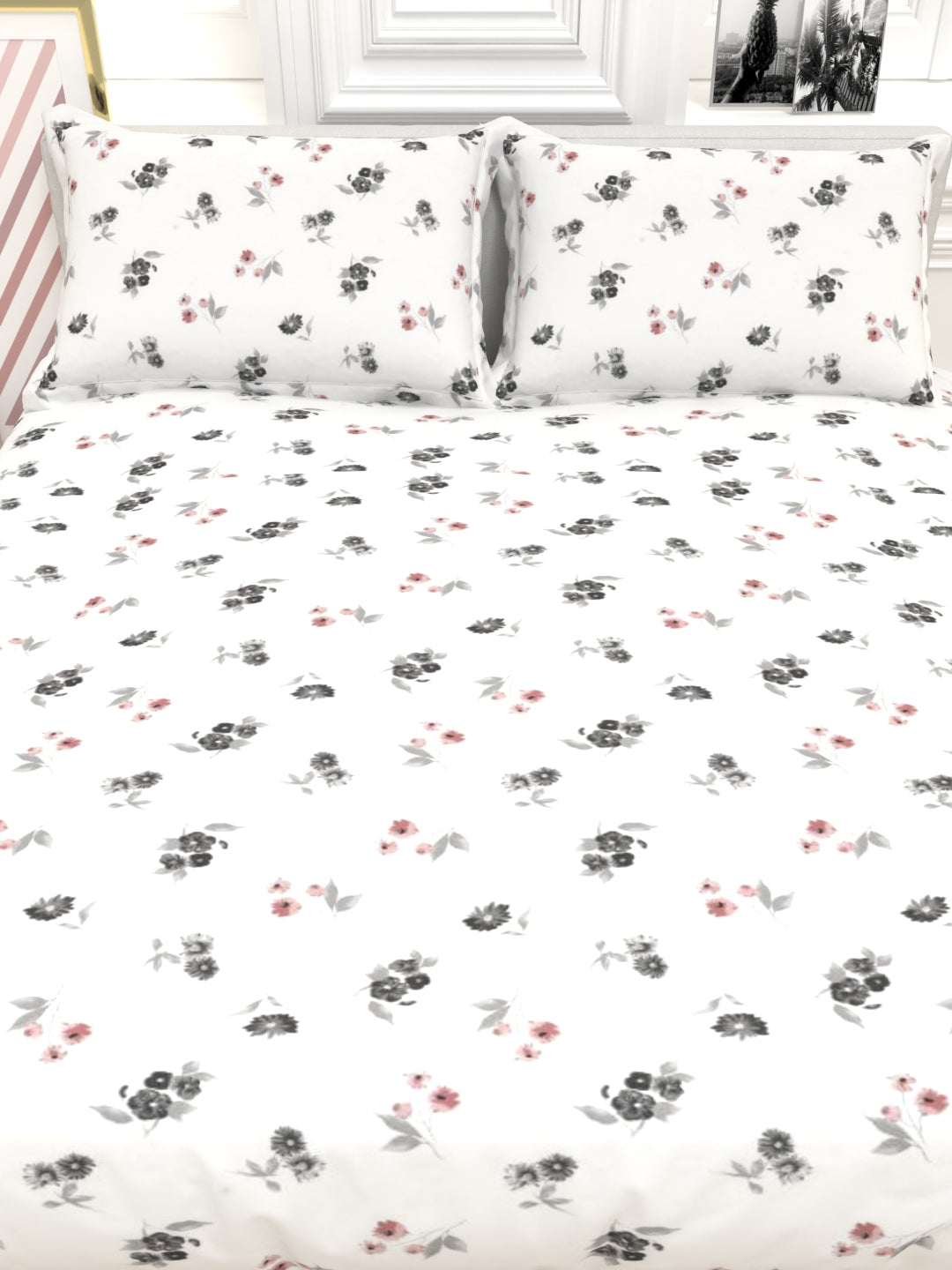 Orchid King Size Percale Bedsheet Set - White & Gray