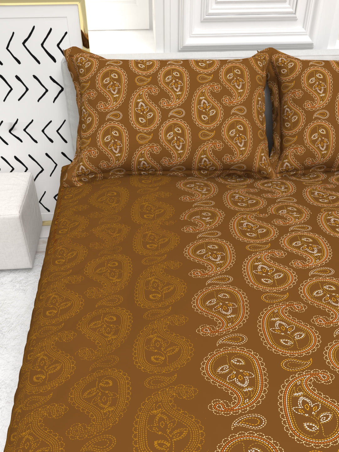 Bruno King Size Reactive Satin Bedsheet Set - Copper Brown