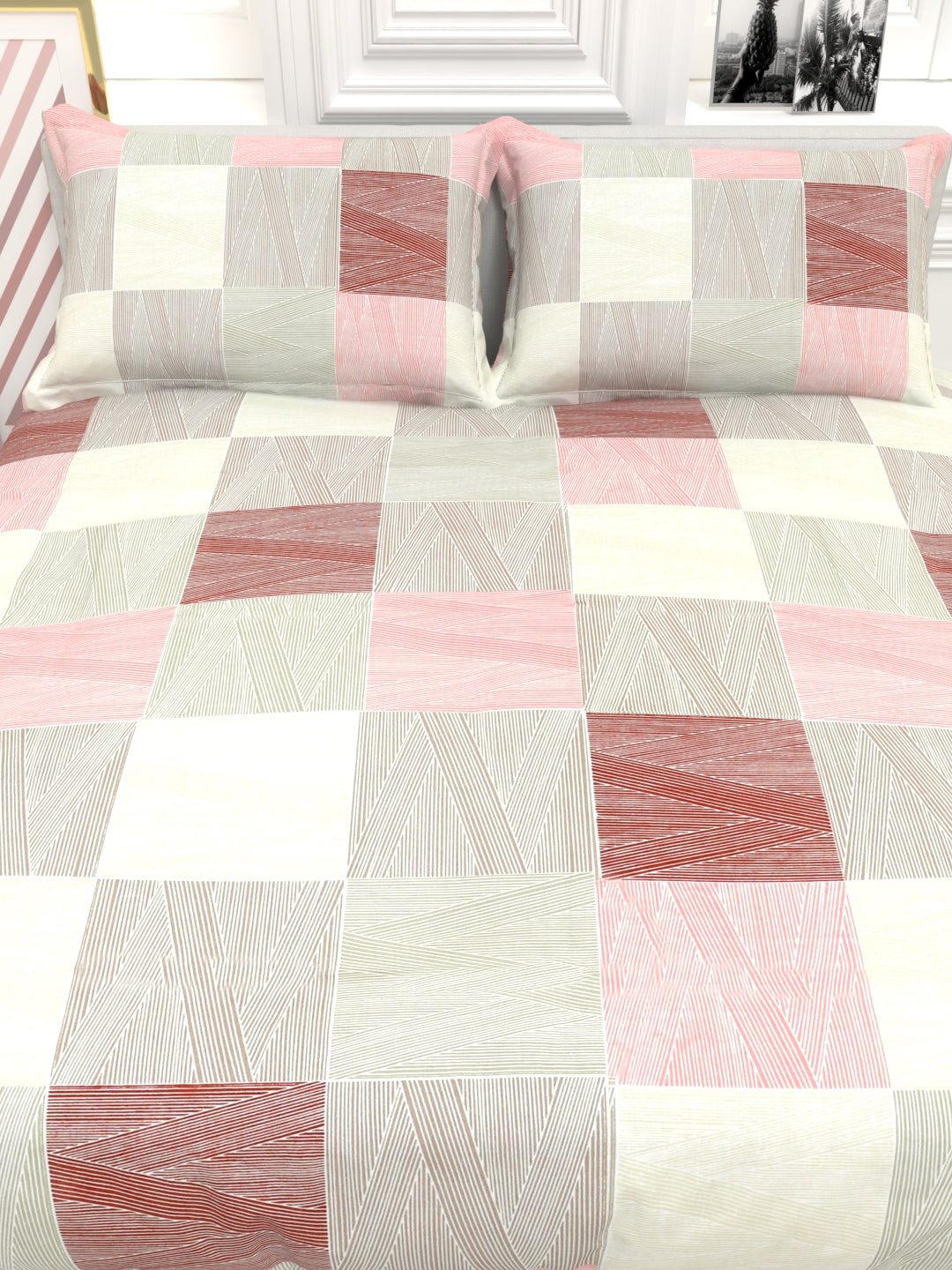 Orchid King Size Percale Bedsheet Set - Beige & Pink