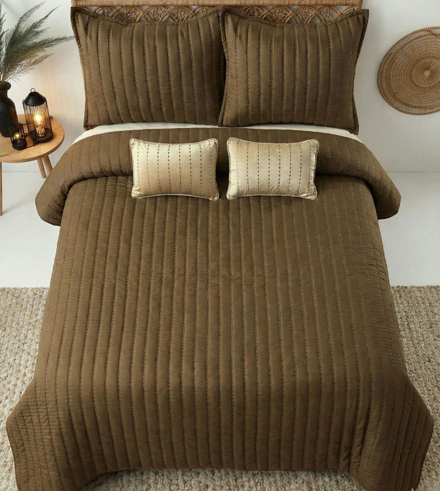 Luna 5-Piece Quilted & Embroidered Bedcover Ensemble - Chocolate Brown