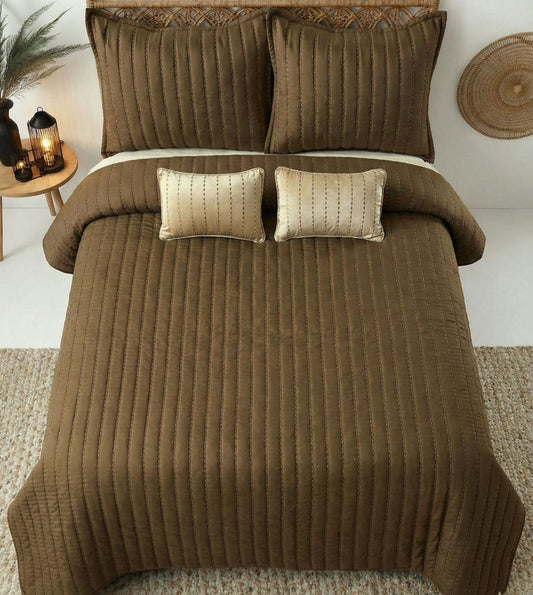 Luna 5-Piece Quilted & Embroidered Bedcover Ensemble - Chocolate Brown