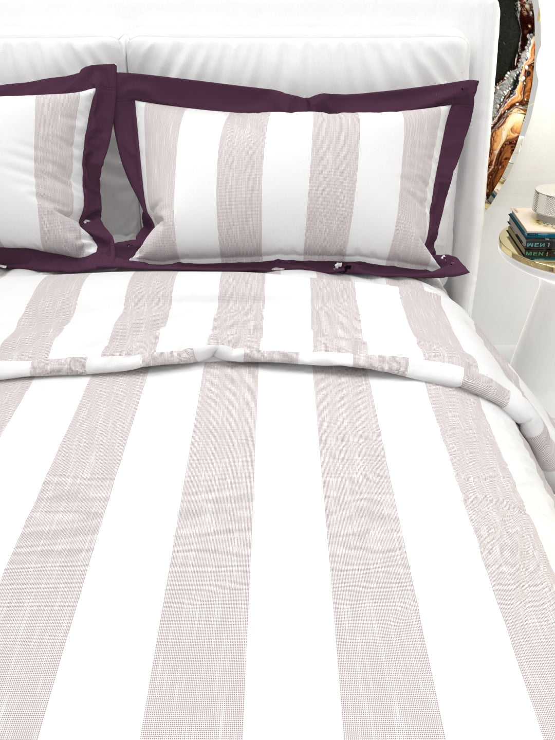 Carnation King Size Bedsheet Set with Contrast Border - White & Wine