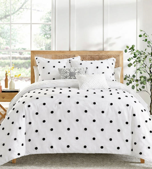 Privee Hand-Crafted Pom Pom Comforter Set (400Tc Satin) - White & Black