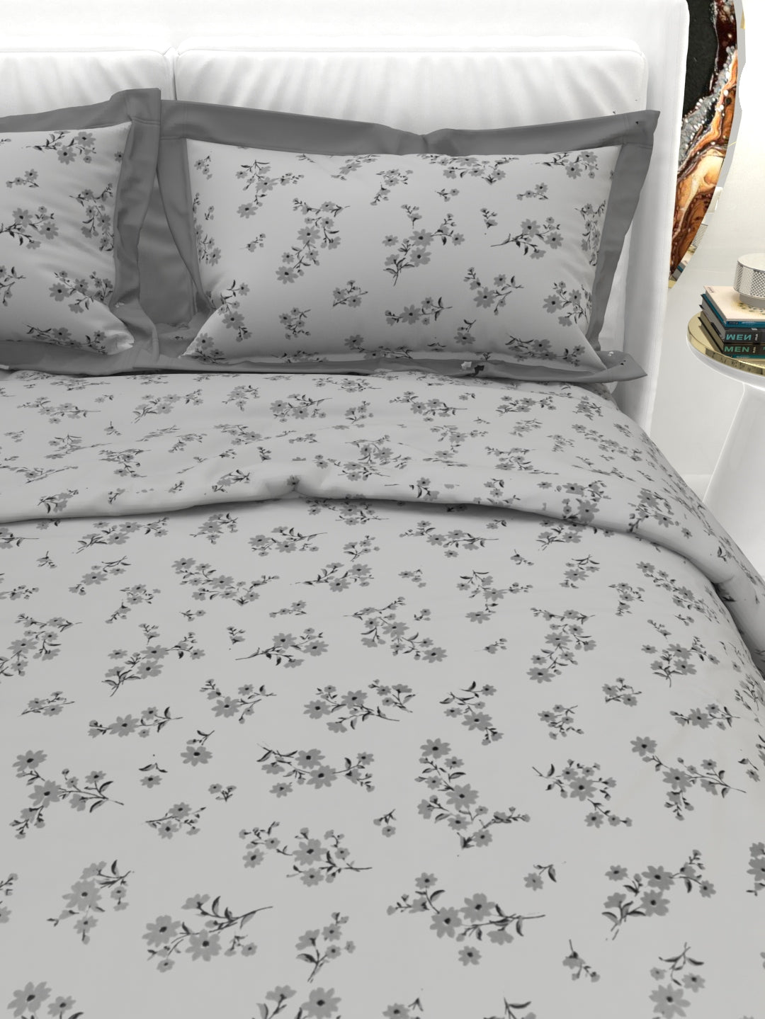 Carnation King Size Bedsheet Set with Contrast Border - Gray