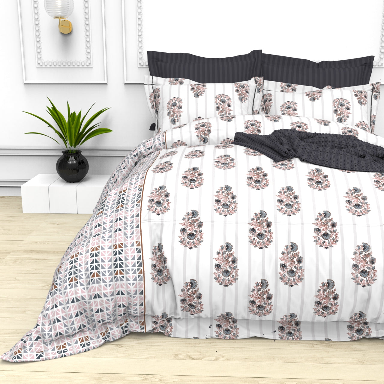 Christie King Size Self-Striped Satin Bedsheet Set (4 Pillow Covers)