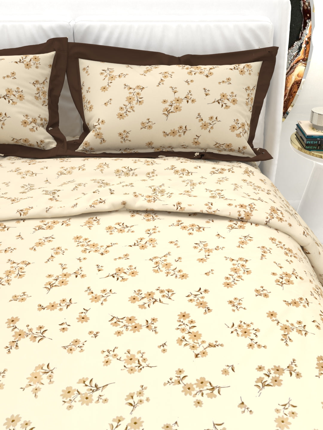 Carnation King Size Bedsheet Set with Contrast Border - Beige Brown