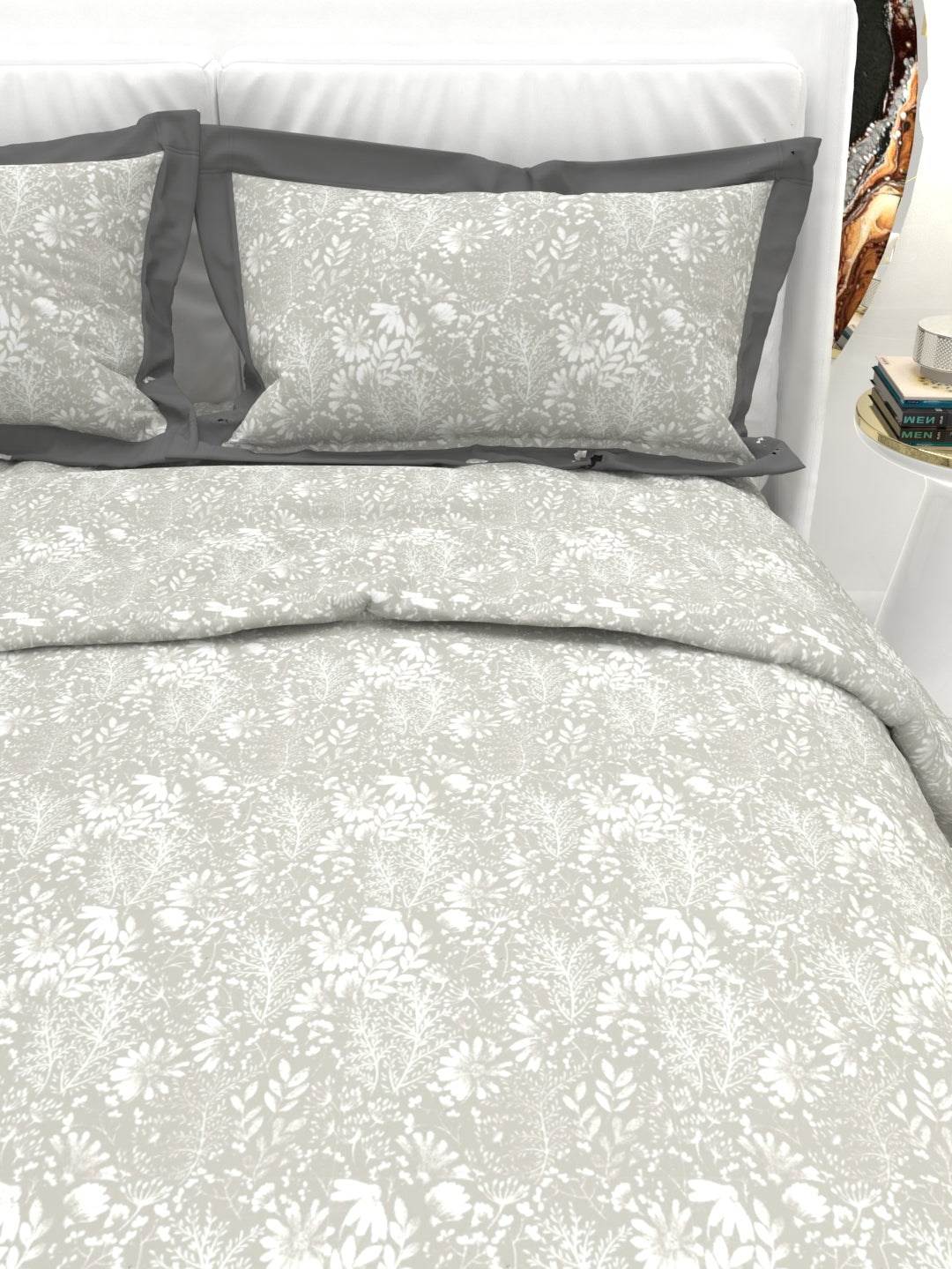 Carnation King Size Bedsheet Set with Contrast Border - Gray