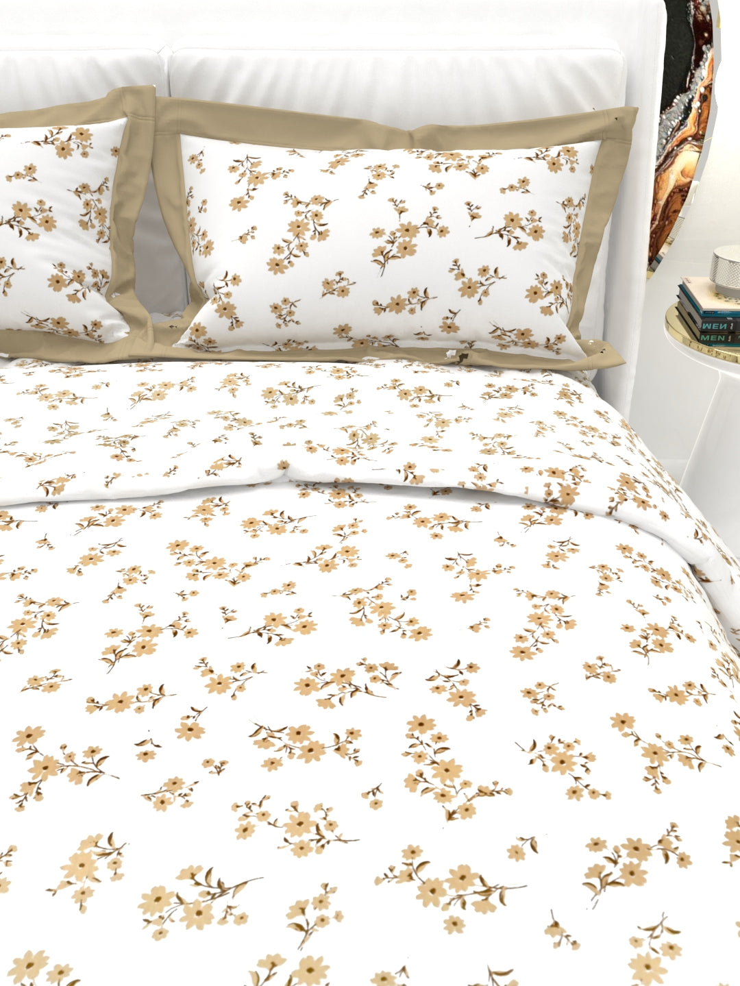 Carnation King Size Bedsheet Set with Contrast Border - White & Amber