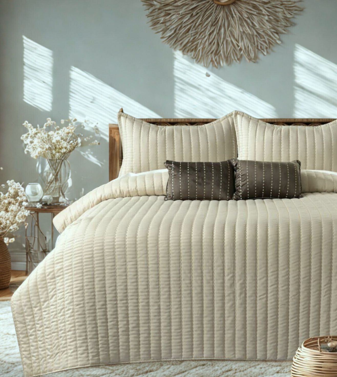 Luna 5-Piece Quilted & Embroidered Bedcover Ensemble - Ivory