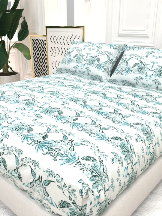 Georgia Double Size Satin Twill Bedsheet Set - White & Cyan