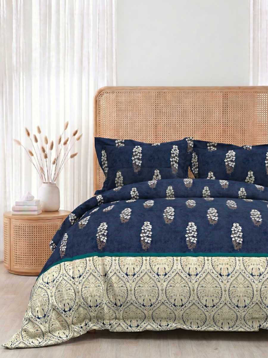 Bruno King Size Reactive Satin Bedsheet Set - Navy Blue