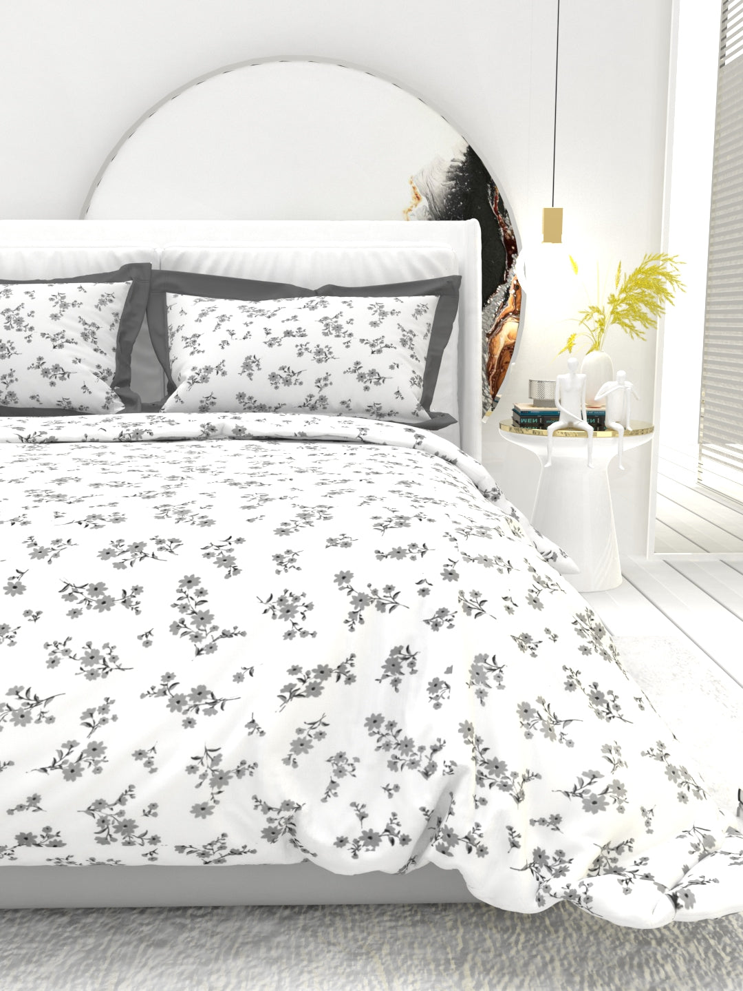 Carnation King Size Bedsheet Set with Contrast Border - White & Gray