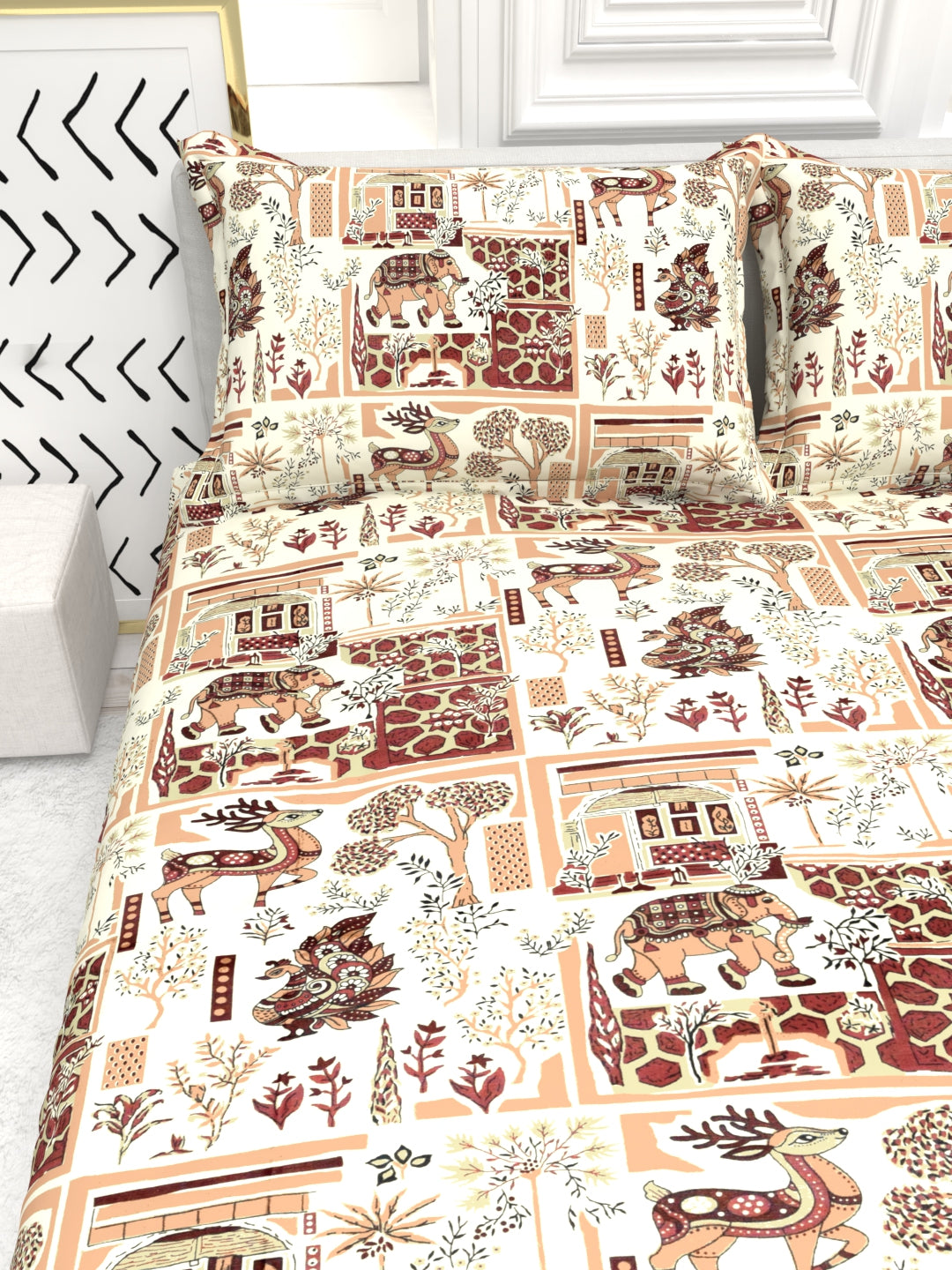 Bruno King Size Reactive Satin Bedsheet Set - Cream & rown