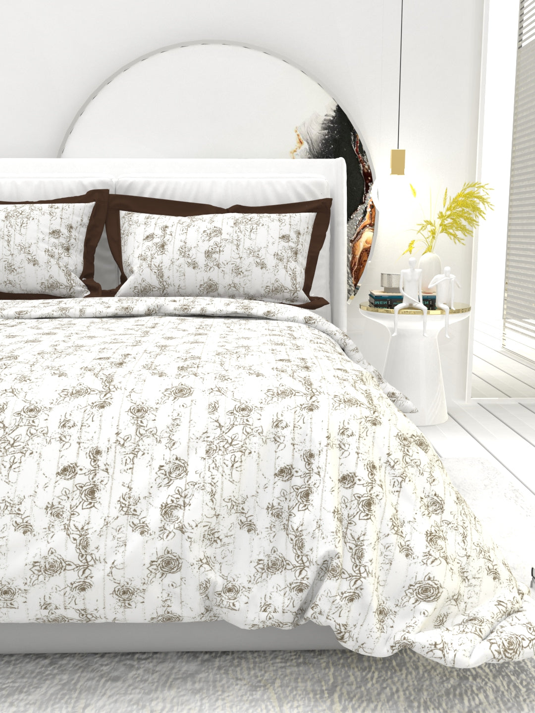 Carnation King Size Bedsheet Set with Contrast Border - White  & Brown