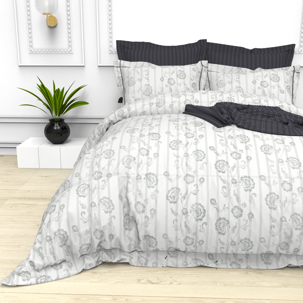 Christie King Size Self-Striped Satin Bedsheet Set (4 Pillow Covers)