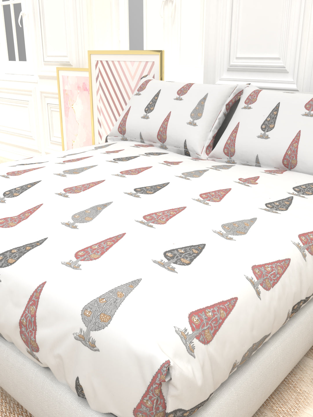 Orchid King Size Percale Bedsheet Set - Wjite & Pink