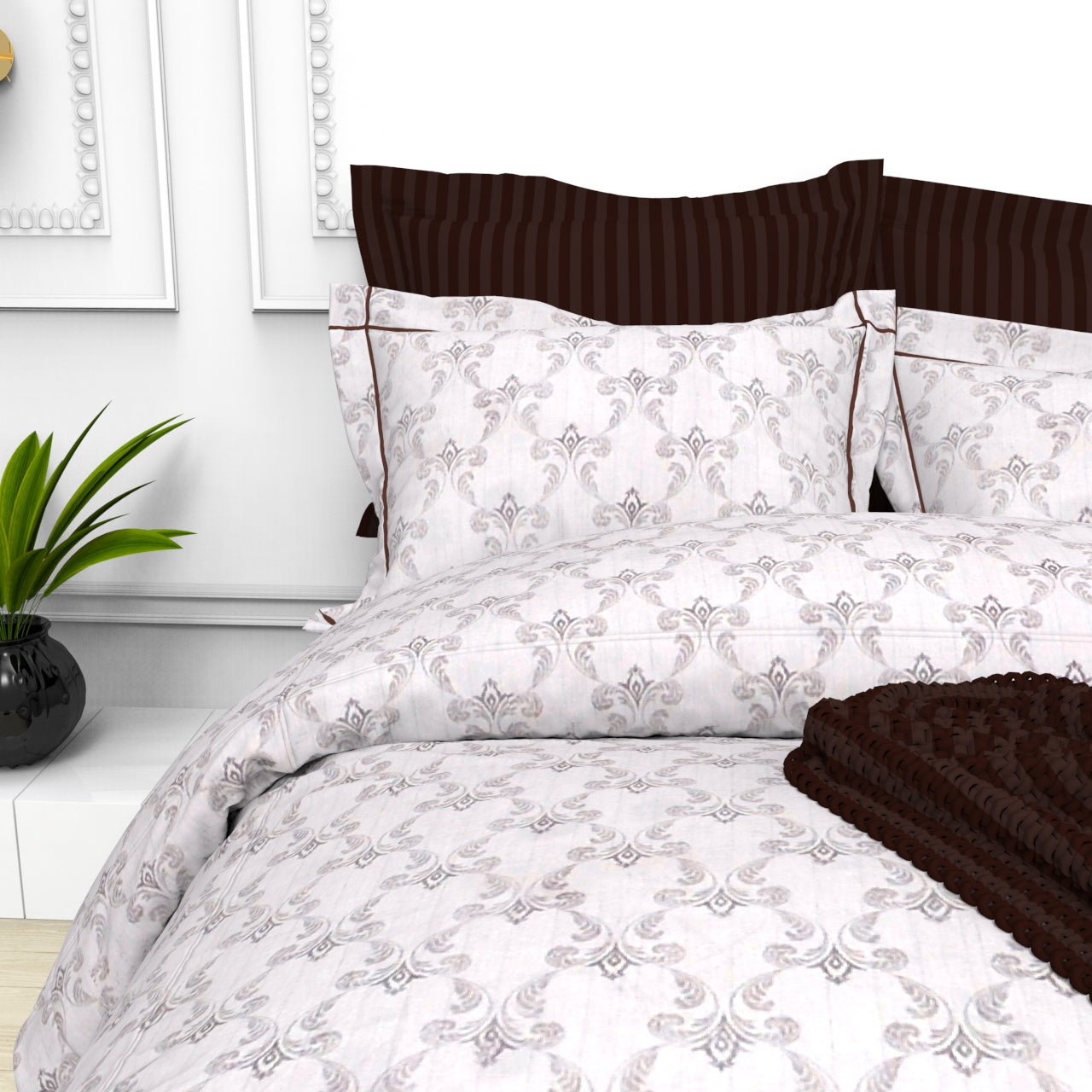 Christie King Size Self-Striped Satin Bedsheet Set (4 Pillow Covers)