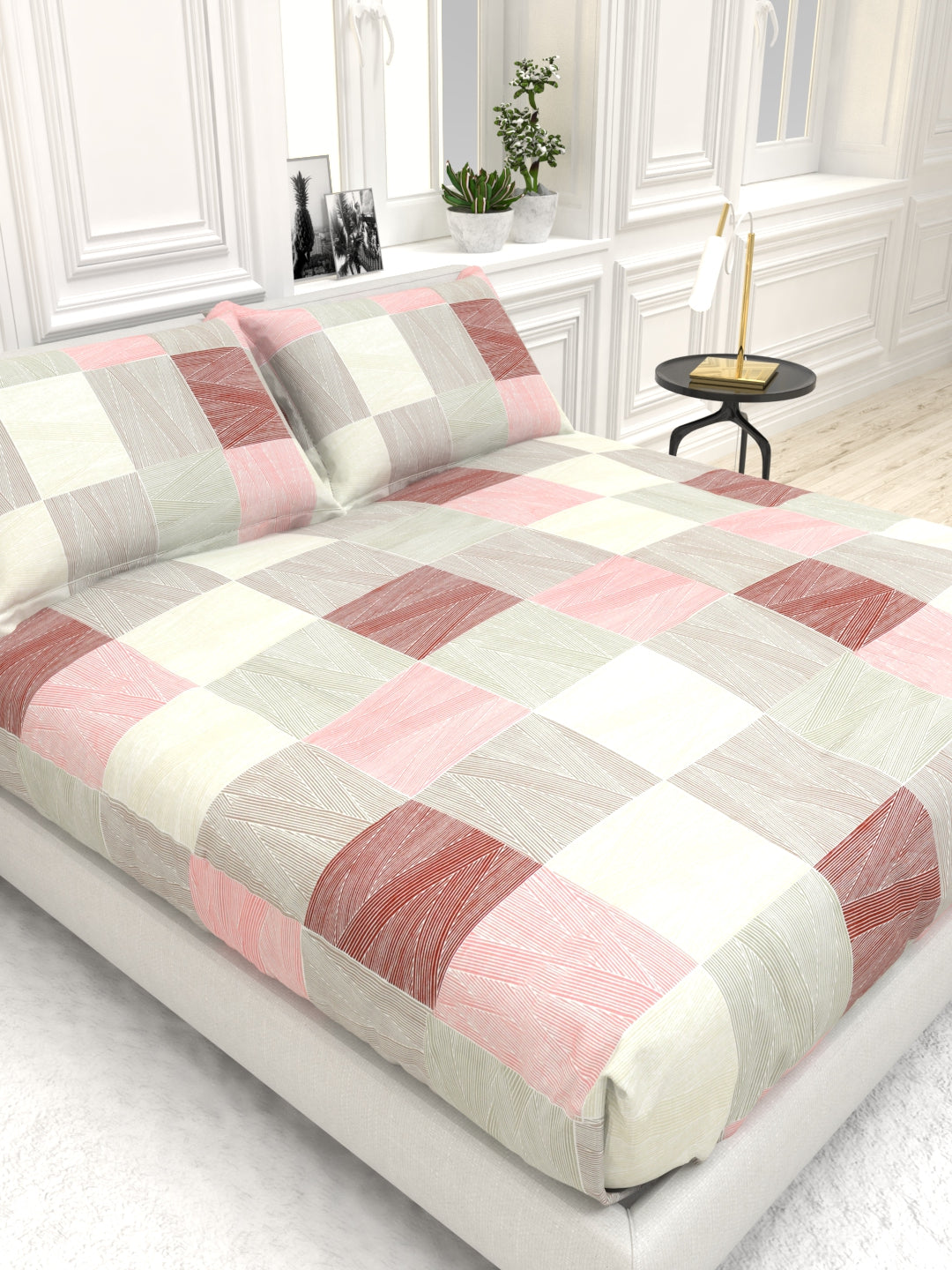 Orchid King Size Percale Bedsheet Set - Beige & Pink