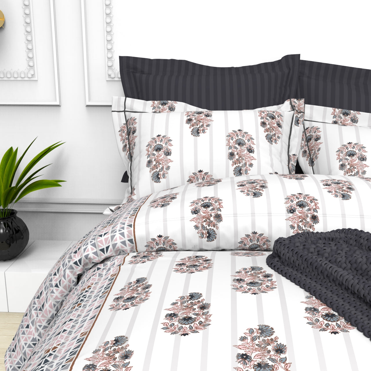 Christie King Size Self-Striped Satin Bedsheet Set (4 Pillow Covers)