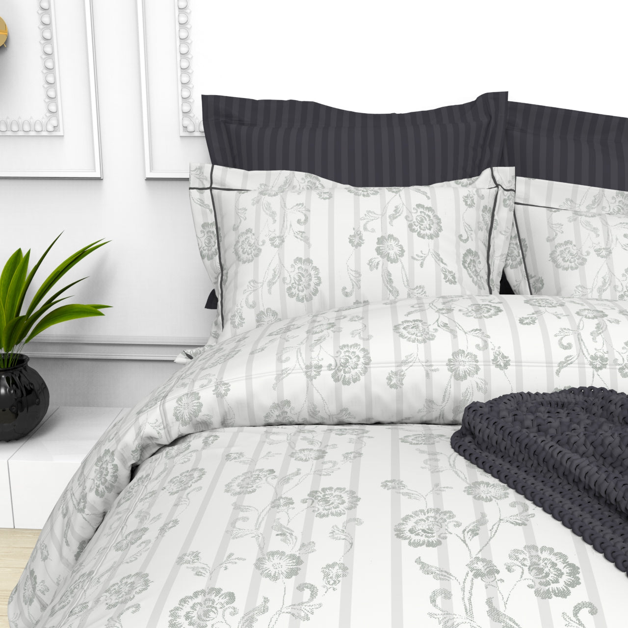 Christie King Size Self-Striped Satin Bedsheet Set (4 Pillow Covers)