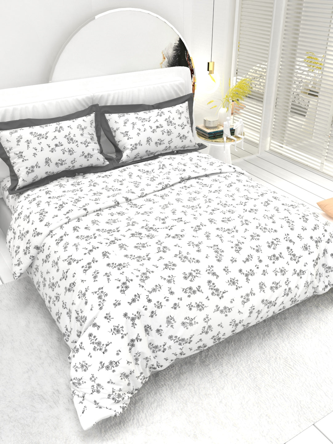 Carnation King Size Bedsheet Set with Contrast Border - White & Gray