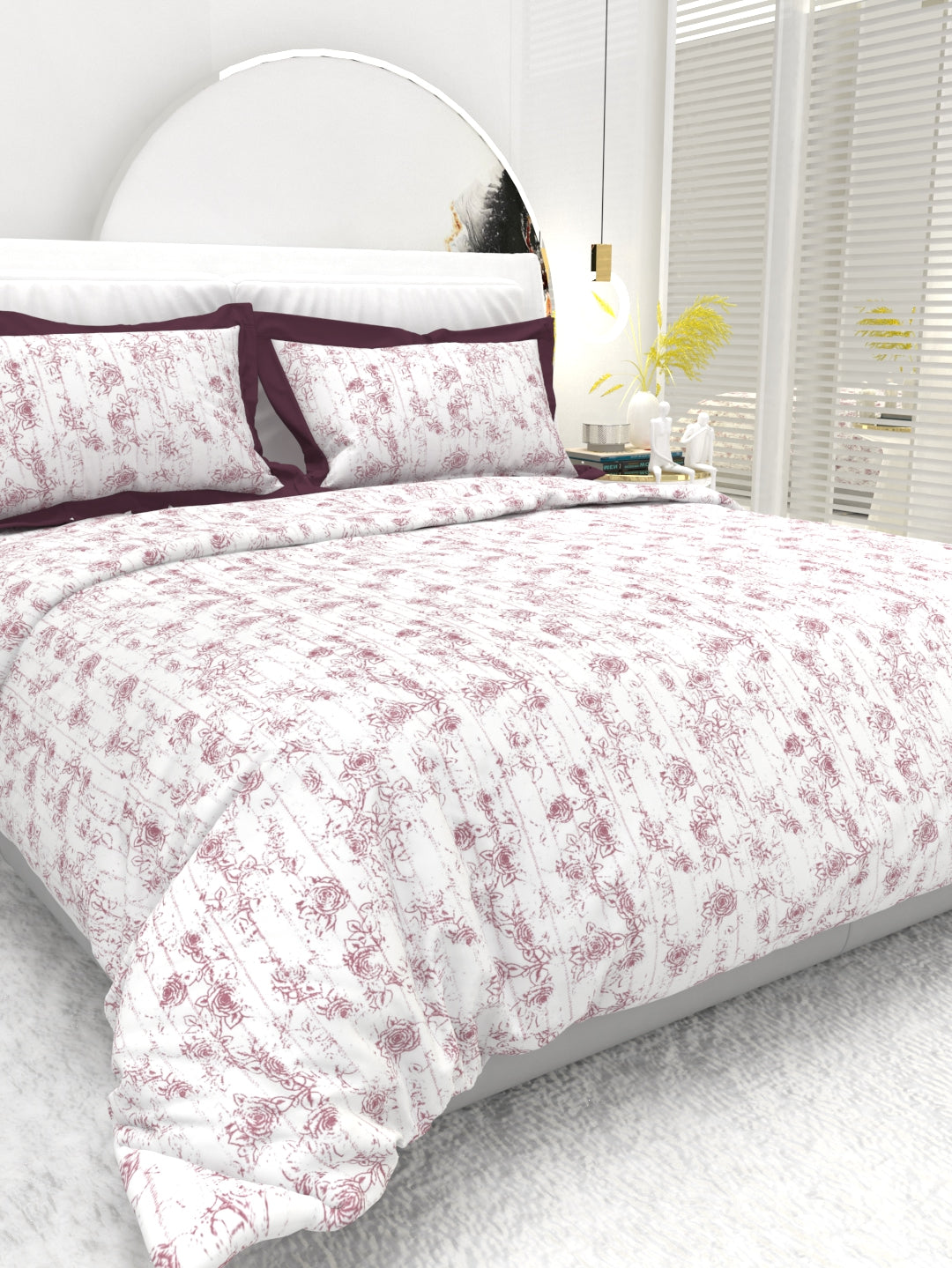 Carnation King Size Bedsheet Set with Contrast Border - White & Dark Pink