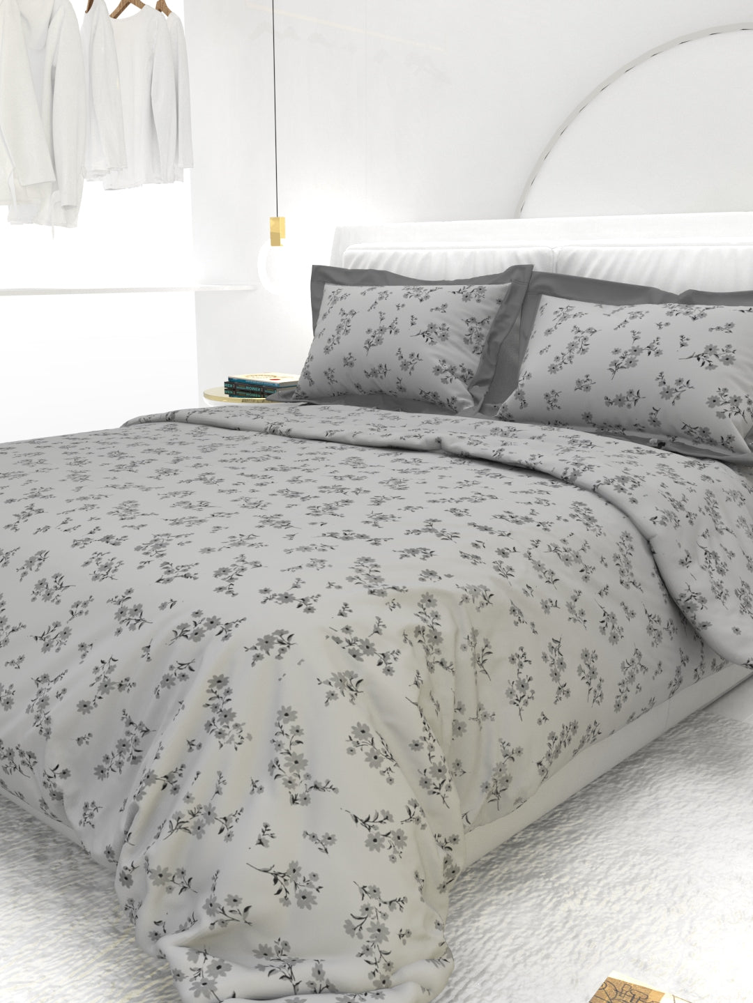 Carnation King Size Bedsheet Set with Contrast Border - Gray